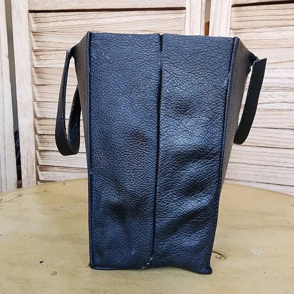 100% Leather Black Small Tote Bag Minimalist Professional Handbag Purse Casual